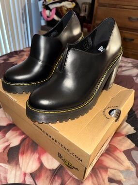 Dr. Martens Women's Black Leather Platform Boots with Yellow Stitching